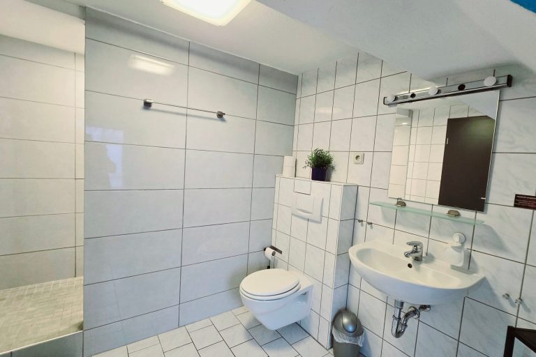 Bad mit Dusche und WC Helles Badezimmer mit Fliesen, Toilette, Waschbecken und Spiegel.